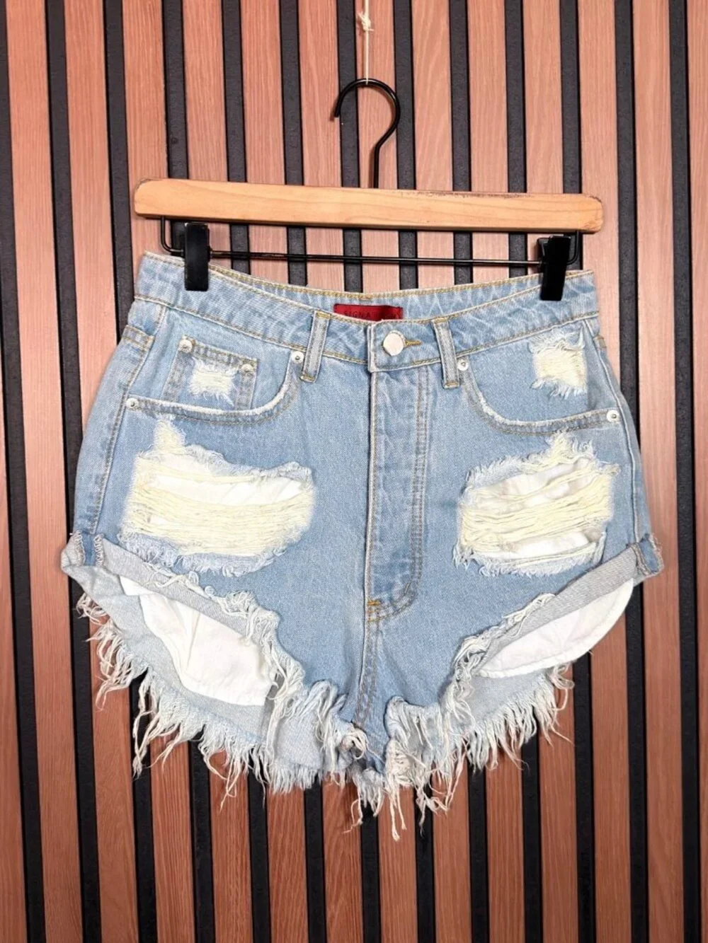 New Signature 8 Jean Shorts Small Womens Blue Frayed PVC Trim Denim
